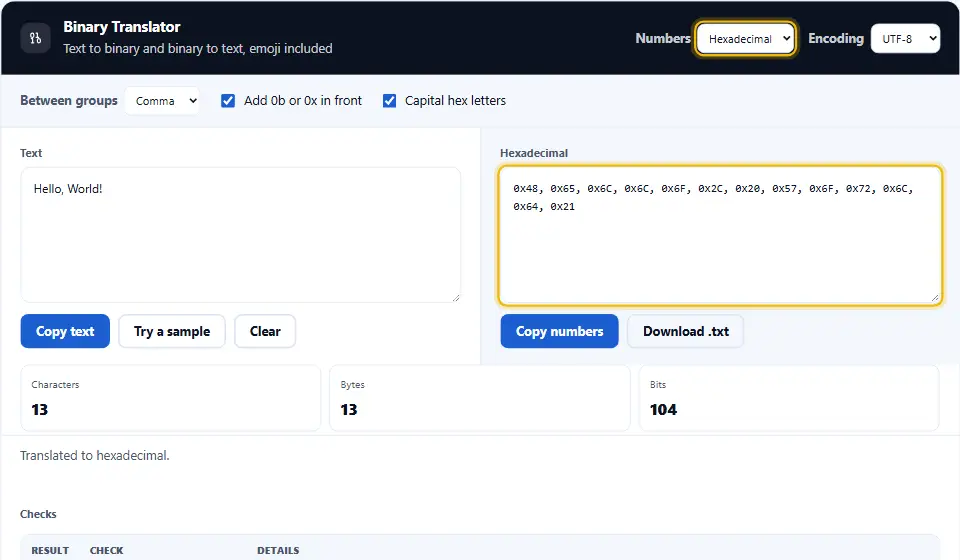 El mismo texto mostrado como bytes hexadecimales con prefijo 0x y mayúsculas, separados por comas, listos para pegar en código