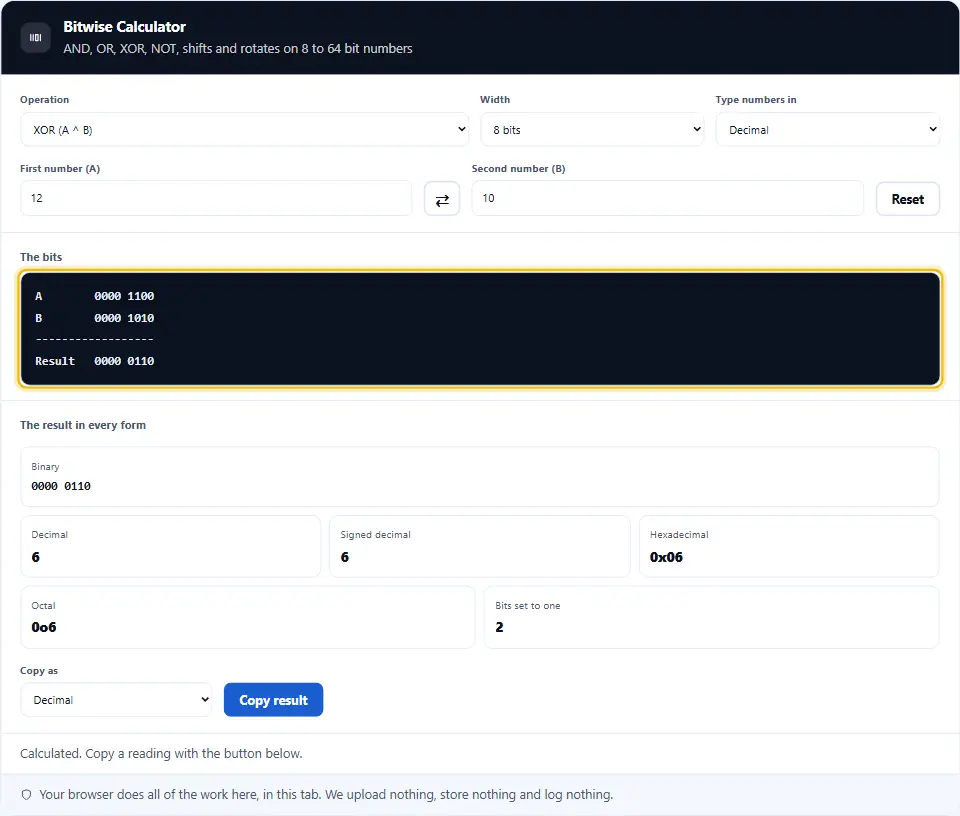 حاسبة العمليات على البتات تعرض 12 XOR 10 في 8 بت مع صفوف البتات والنتيجة بكل الصيغ