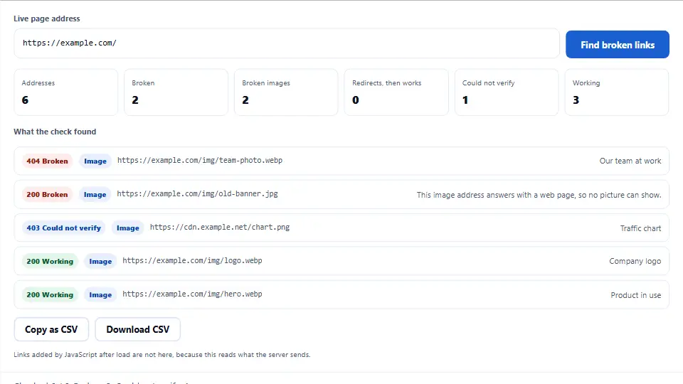Broken link checker filtered to images, showing which image addresses on the page fail Broken link checker filtered to images, showing which image addresses on the page fail