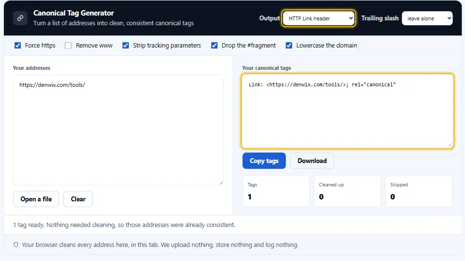 Generador de etiquetas canónicas con formato de cabecera HTTP, que da una cabecera Link en vez de una etiqueta HTML
