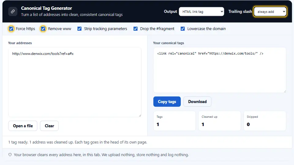 Generador de etiquetas canónicas con HTTPS, sin www y con barra final, para que la dirección siga un estilo fijo