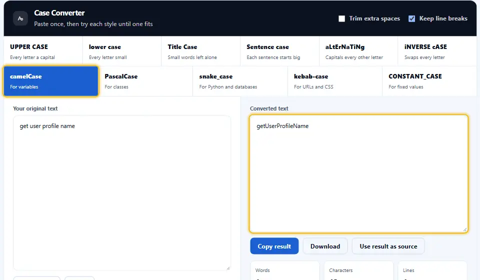 Case converter turning the words get user profile name into camelCase, with the camelCase style button and the converted text both highlighted