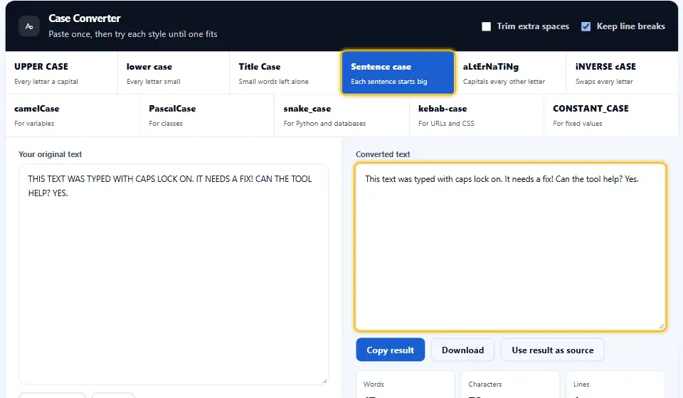 Case converter turning a block of shouting capital letters into sentence case, with the Sentence case button and the fixed text highlighted
