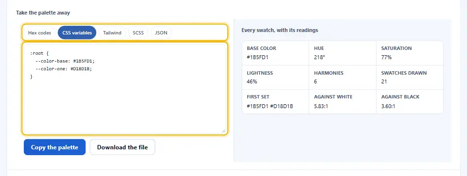 Screenshot of the export panel with four format tabs, the CSS variables tab selected: one custom property per swatch, so --color-base and --color-one for the complementary pair, with the hex, CSS, Tailwind, SCSS and JSON tabs across the top, a copy button and a download button under the code, and the reading table beside it listing the base color, its hue, saturation and lightness, the number of harmonies and swatches, and its contrast against white and against black