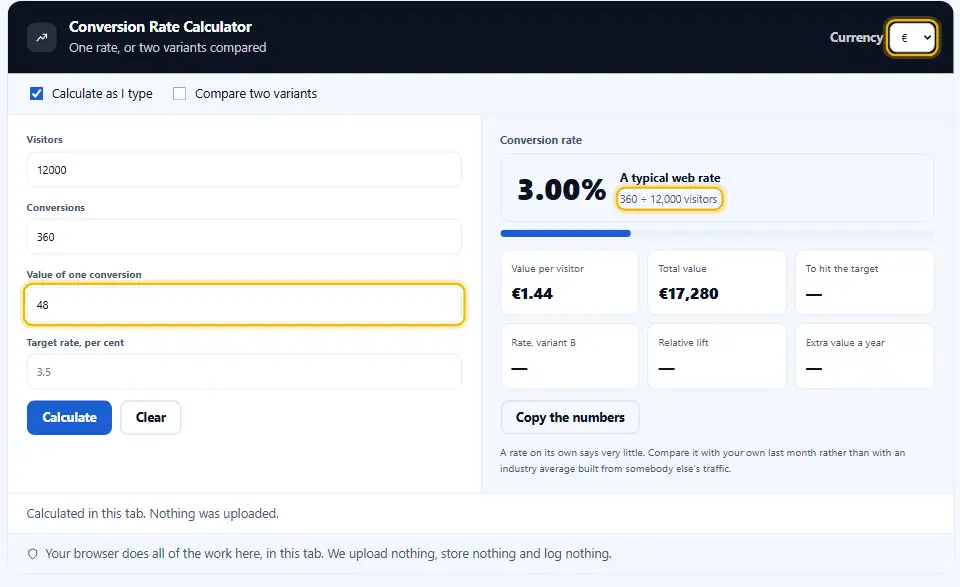 حاسبة معدل التحويل مع اختيار اليورو عملة وقيمة لكل عملية بيع لتضيف الإيراد لكل زائر إلى النتيجة