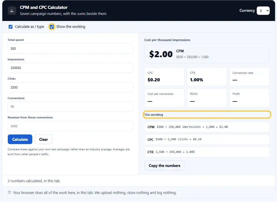 CPM CPC calculator with the show working option ticked, listing each formula with the numbers put in step by step