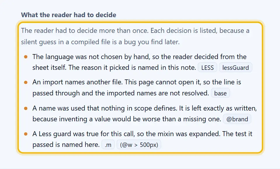 The notes panel of the CSS preprocessor converter listing an unresolved variable, an import that was not read and a guarded mixin that was inlined