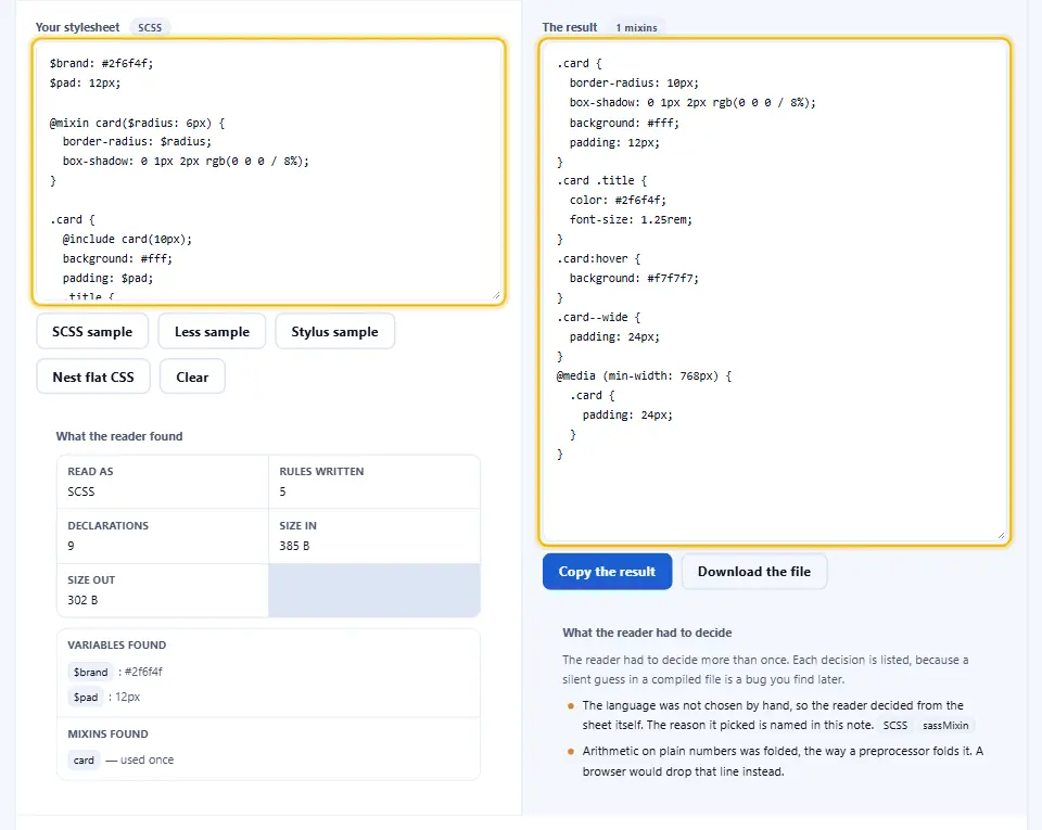 The CSS preprocessor converter with an SCSS sample in the left pane and the compiled flat CSS in the right pane, where the mixin has already been inlined and the nested rule has become a descendant selector
