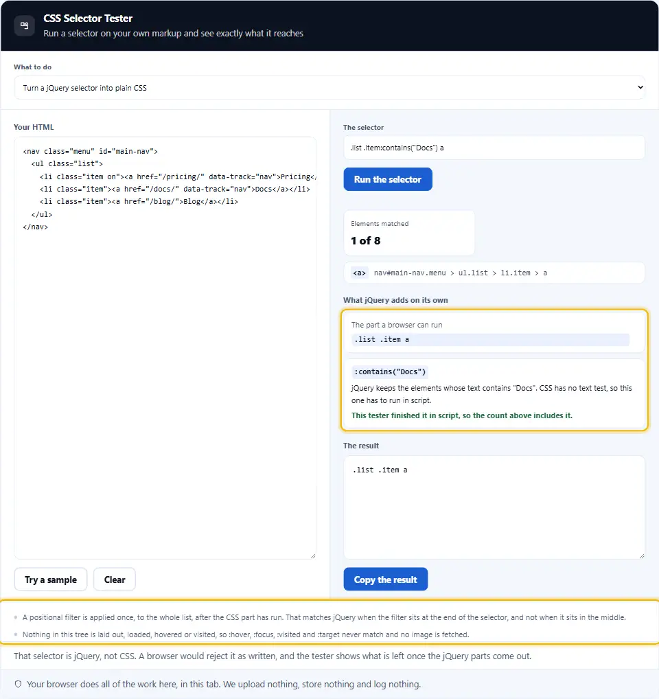 Schermata della modalità tester di selettori jQuery: un selettore che porta un test di testo contains è diviso nella parte che un browser può girare da solo, .list .item a, e il test di testo che jQuery aggiunge, con una riga che conferma che la pagina ha finito quella seconda parte in script, quindi il conteggio di uno su otto la include già