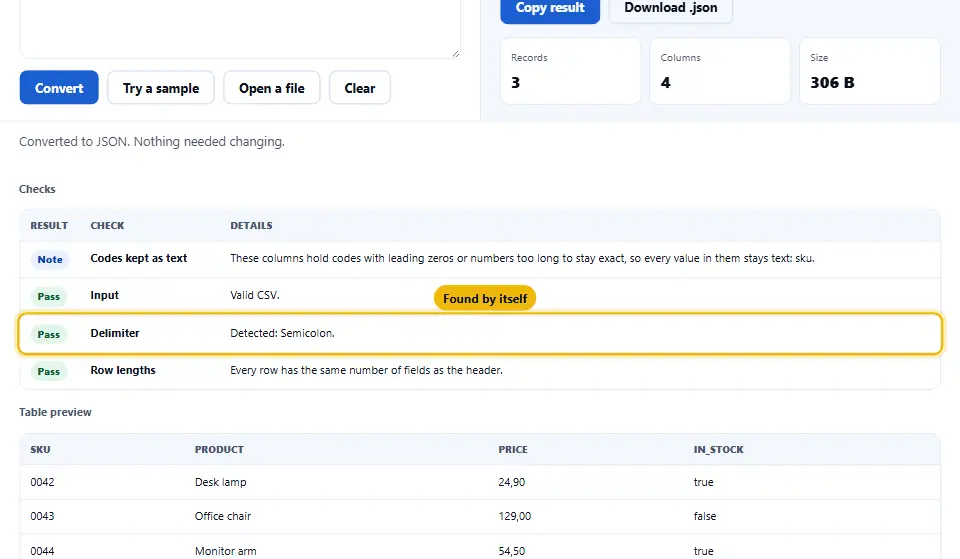 Export Excel à points-virgules converti en JSON, le tableau des contrôles signalant le séparateur détecté