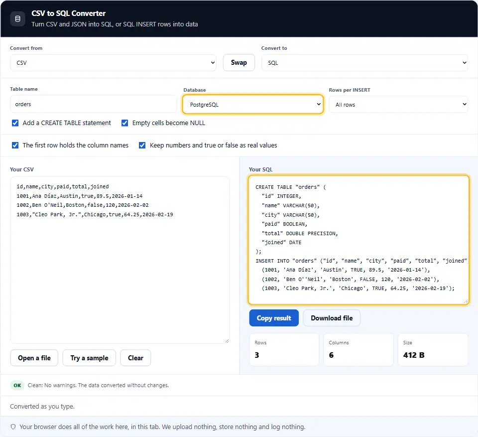 Convertisseur CSV en SQL transformant un CSV de commandes en CREATE TABLE et instructions INSERT PostgreSQL