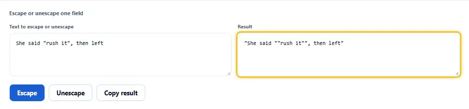 CSV viewer and editor with the escape box turning a sentence with quotes and commas into one safe field