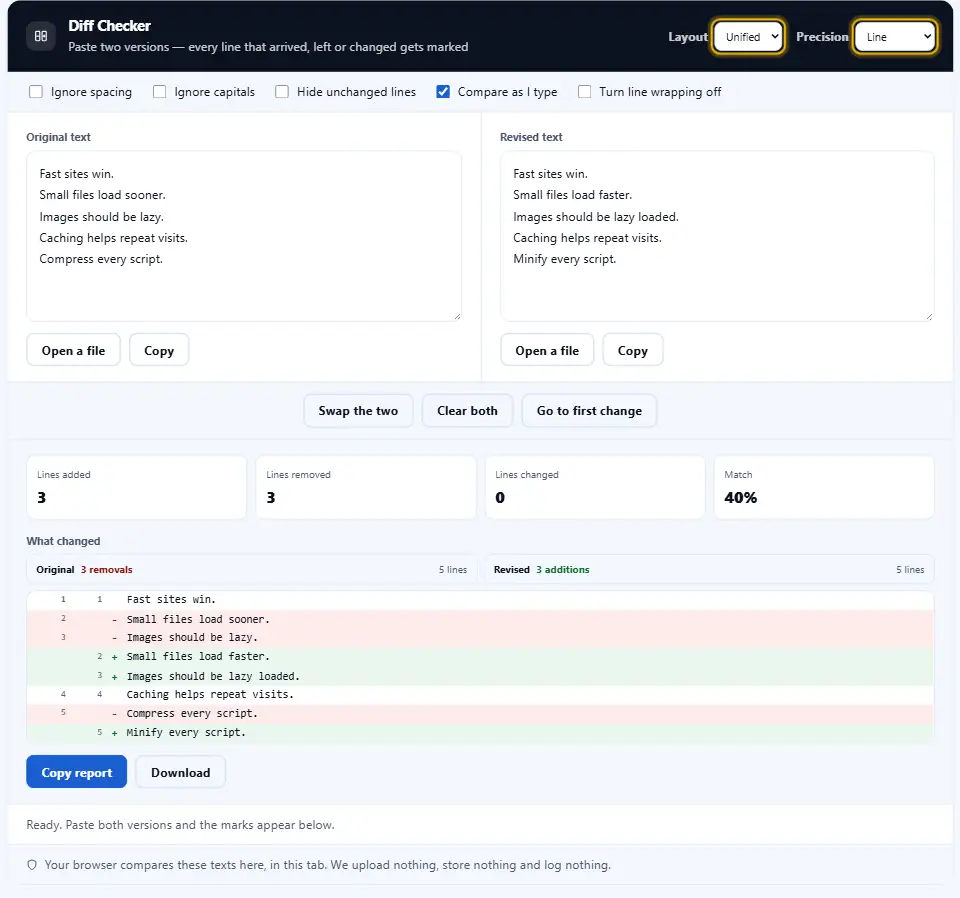 Confronto testi nella vista unificata con la modalità per righe scelta, che mostra le righe vecchie e nuove una sotto l’altra
