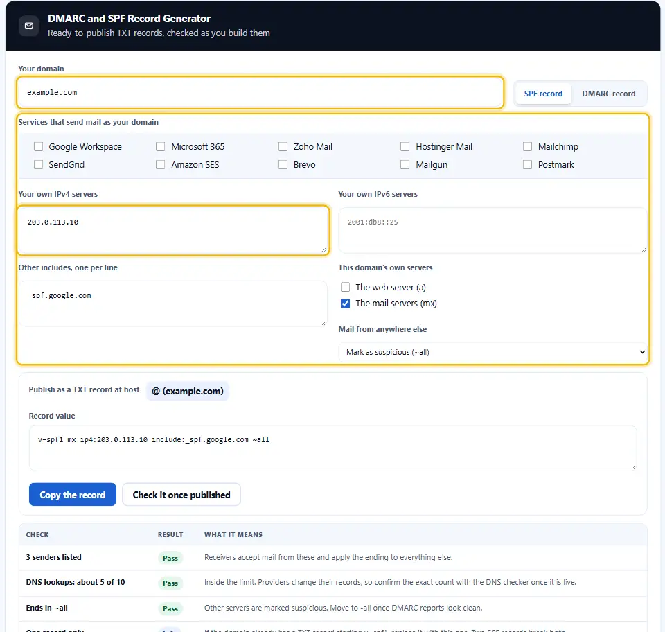 Generatore DMARC SPF con un dominio, un indirizzo del server e un include compilati e sotto il record SPF finito