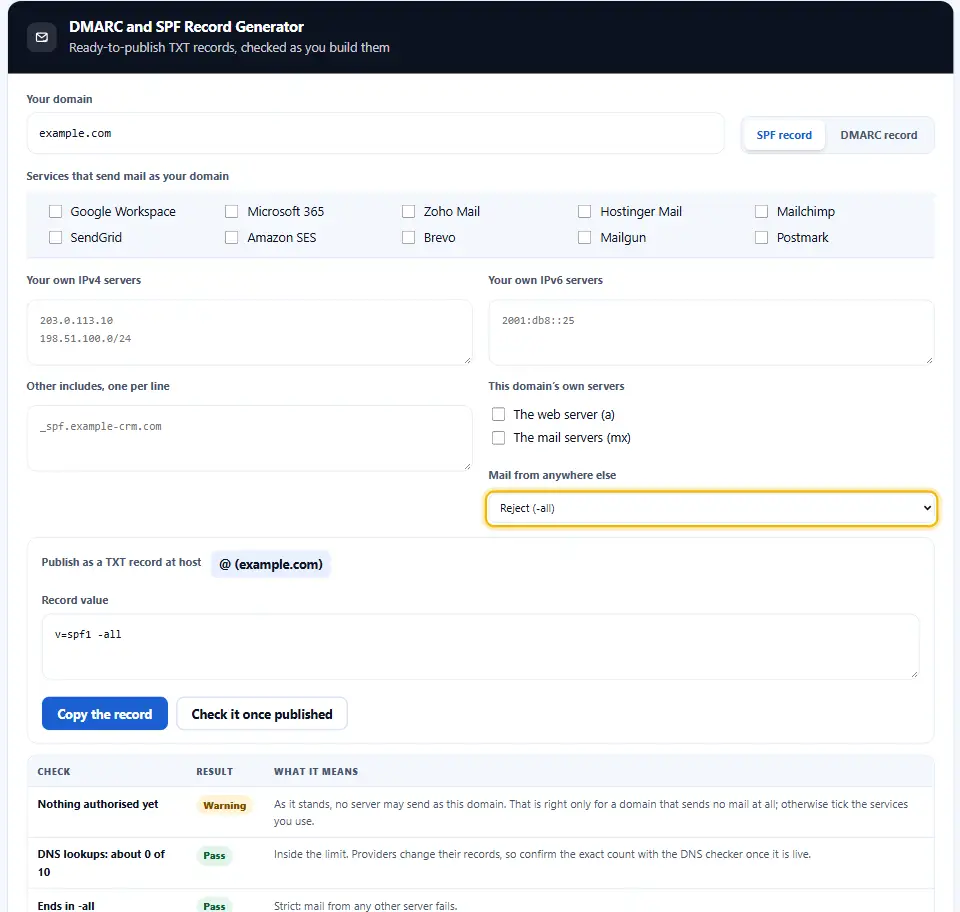 Generatore DMARC SPF nella sua configurazione rigorosa, con una chiusura SPF di fallimento netto, la policy di rifiuto e l’allineamento rigoroso scelti