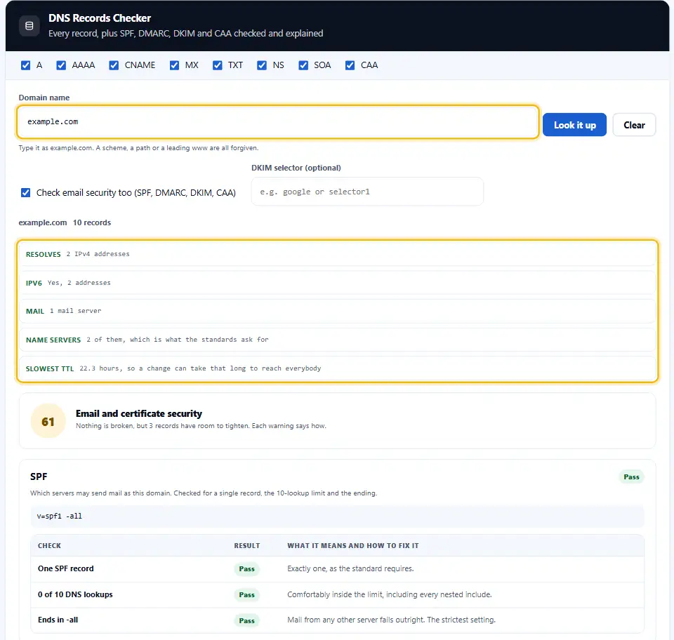 DNS records checker after a lookup of example.com, with a summary of the A, MX, NS and TXT records