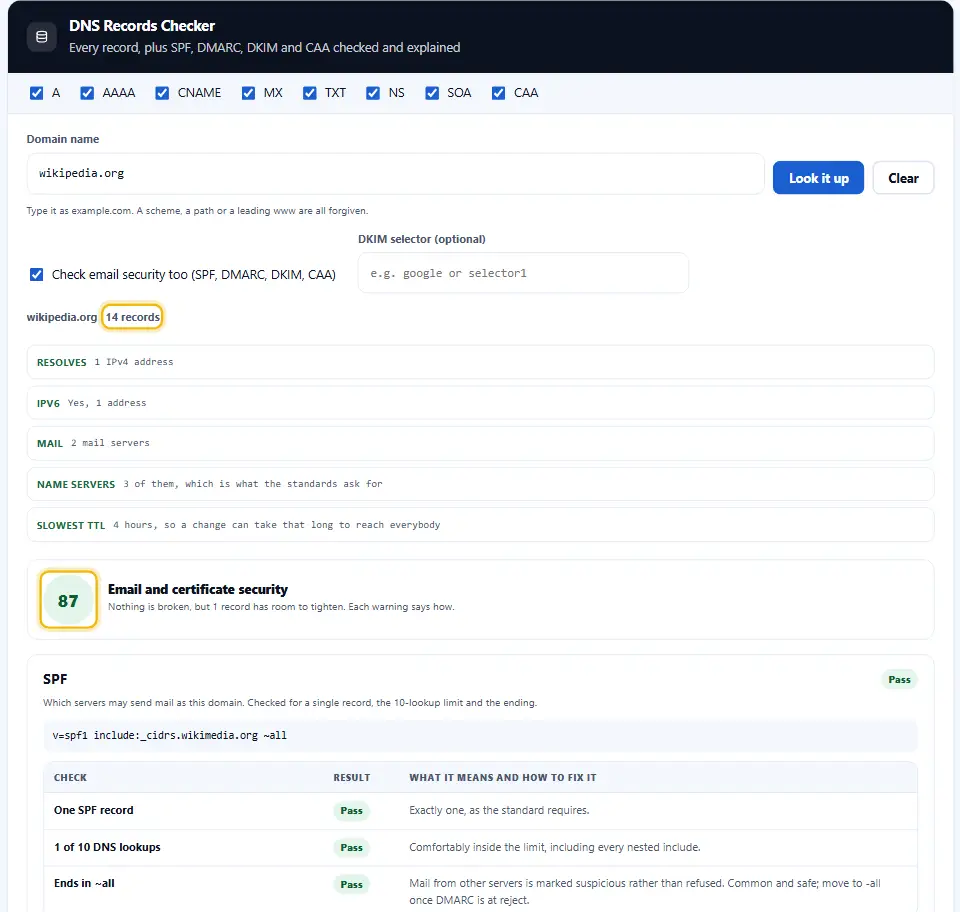 DNS records checker with the health score and the record count highlighted at the top of the results