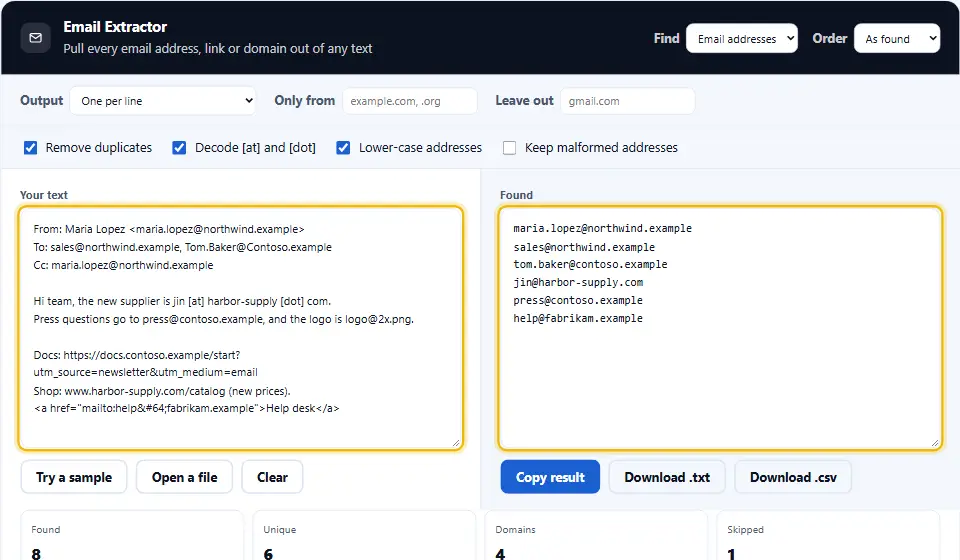Email extractor pulling addresses out of an email thread, with duplicates removed and a domain count below