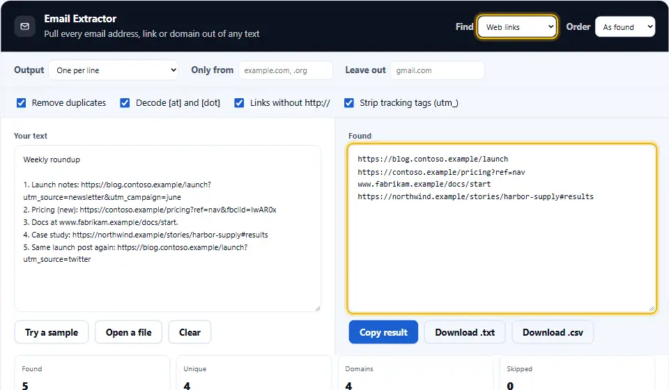 Lo strumento elenca i link web di un testo incollato, senza i tag di tracciamento utm