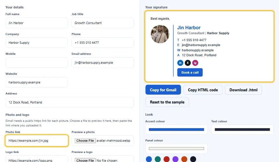 Signature preview with a round photo, a company logo and the photo and logo link fields beside it