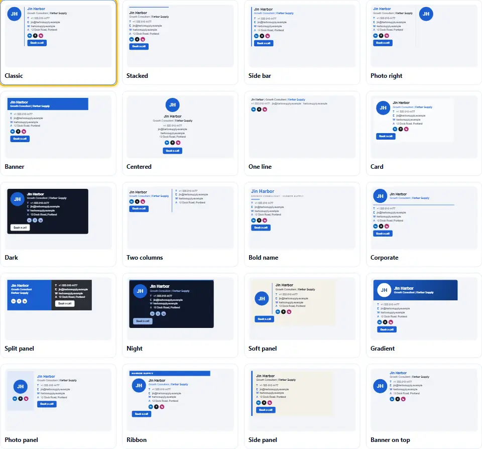 Galleria di venti modelli di firma email, ognuno disegnato con lo stesso nome, ruolo e dati di contatto