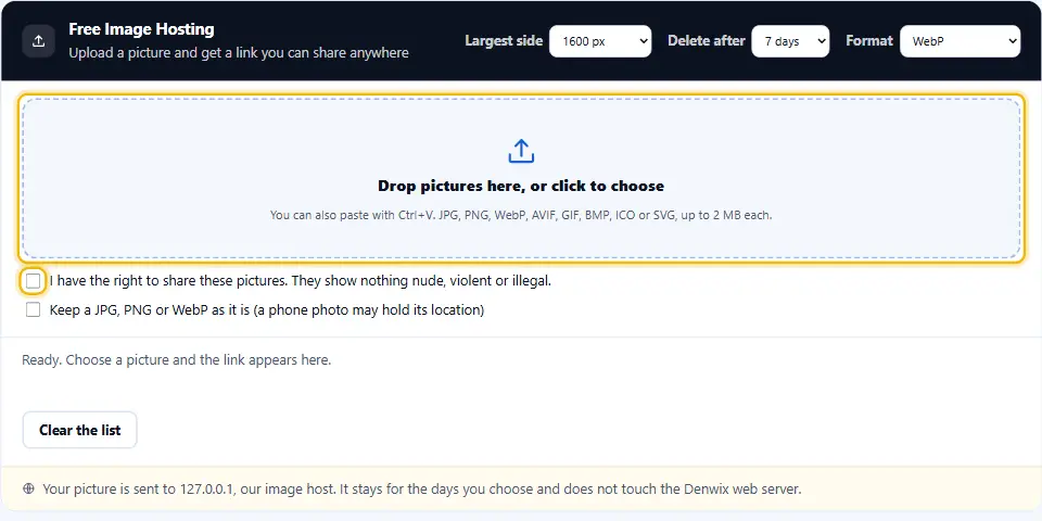 Free image hosting drop box with a dashed border, a rights checkbox and options for size and format