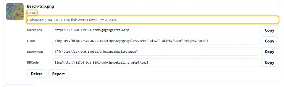 Largest side and format menus of the image uploader, set to 1600 pixels and WebP