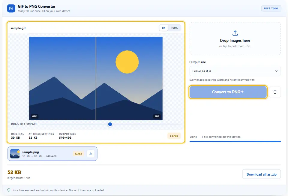 Convertisseur GIF en PNG montrant la première image du GIF en PNG dans la vue comparée, avec le bouton Convertir