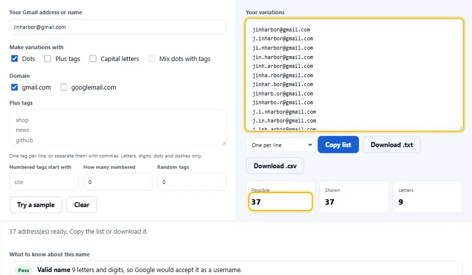 Generador de variaciones de Gmail con las variantes con puntos de una dirección y el total posible a su lado