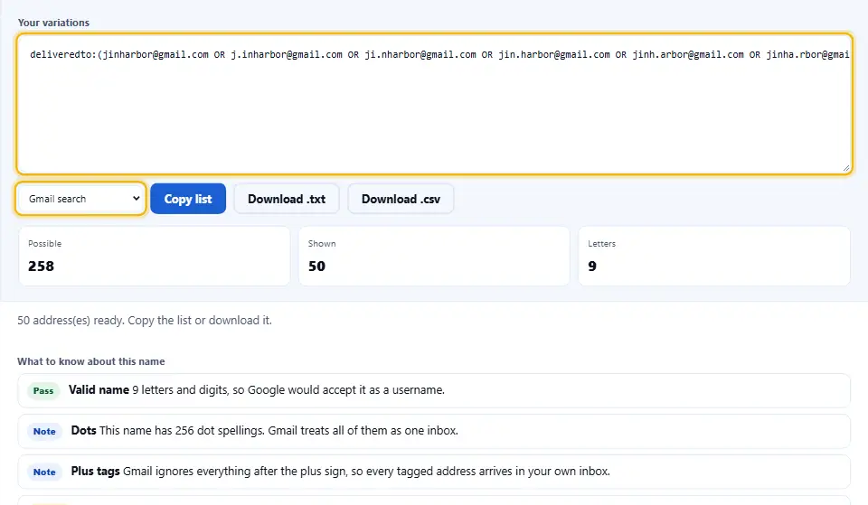 Menú de formato de salida en Búsqueda de Gmail, con una consulta deliveredto que lista todas las direcciones generadas