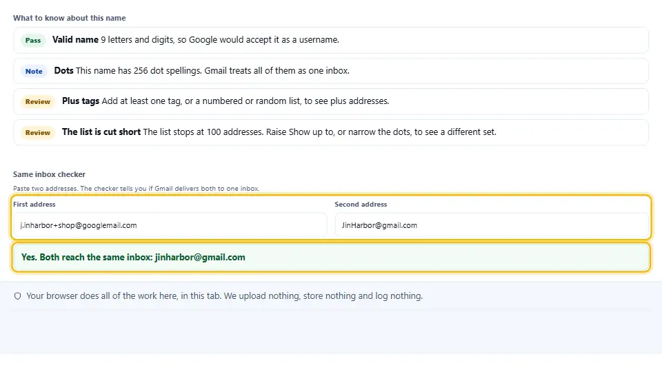 Comprobador de misma bandeja que confirma que dos direcciones escritas distinto llegan a una sola bandeja de Gmail