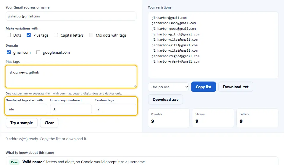 Lista de etiquetas plus creada con las palabras shop, news y github, con una serie numerada y etiquetas aleatorias añadidas