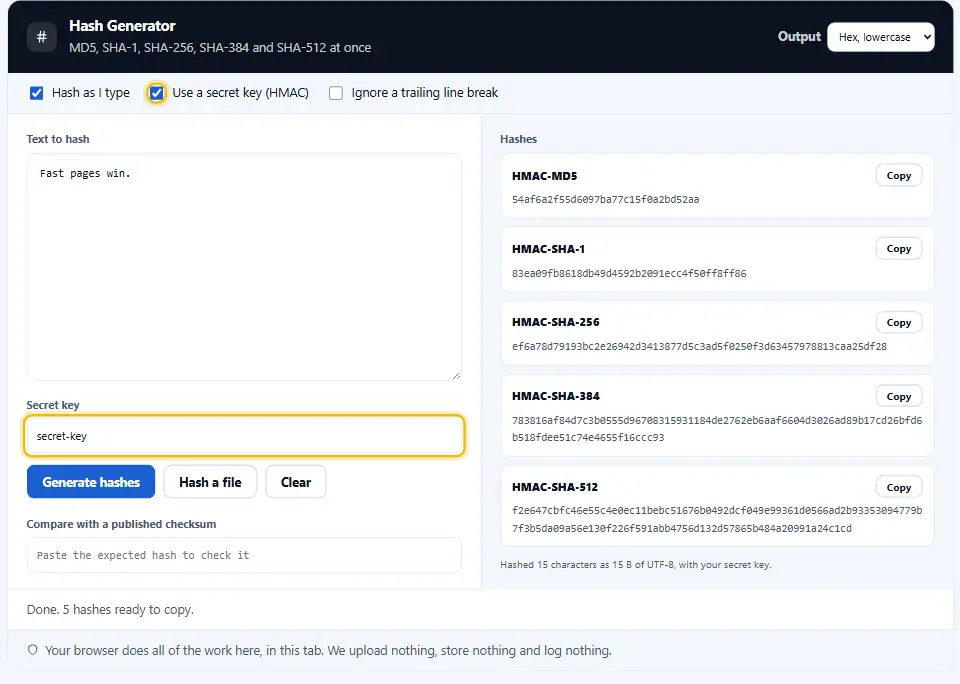 Generatore di hash con l’opzione HMAC attiva e una chiave segreta digitata, così gli hash sono con chiave anziché semplici