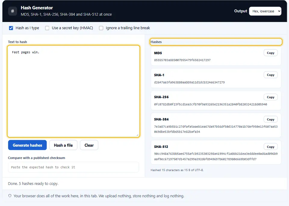 Generatore di hash con una breve frase digitata e sotto i valori hash SHA in esadecimale
