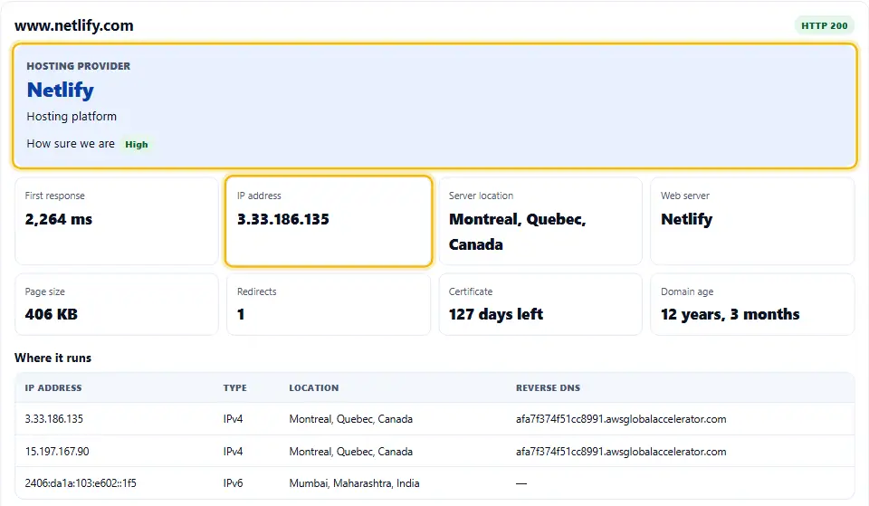 Résultat du vérificateur d’hébergement pour netlify.com montrant Netlify comme hébergeur avec un badge de confiance Élevée, puis le temps de première réponse, l’adresse IP et l’emplacement du serveur dans des encadrés mis en avant
