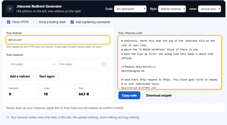 Htaccess redirect generator with a domain typed in, HTTPS forced and www removed, and the finished rules shown in the output