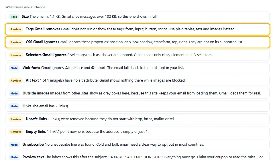 Liste de vérifications nommant les propriétés CSS et les balises que Gmail ignore dans l’e-mail collé