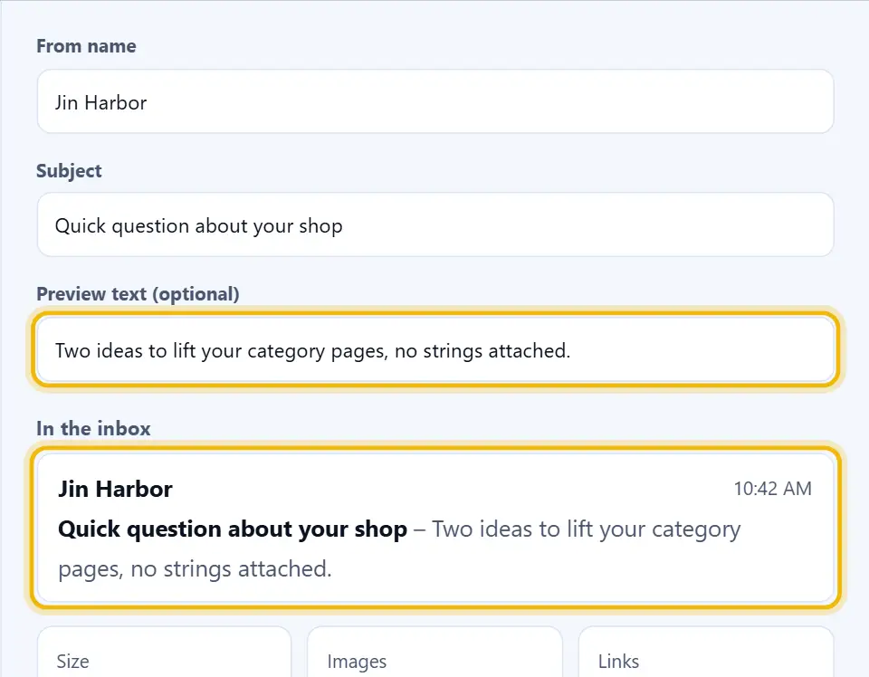 From name, subject and preview text fields above a Gmail inbox row that shows the same words