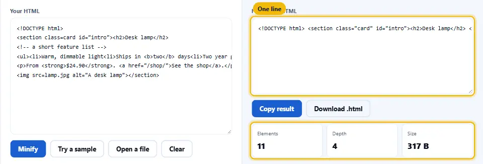 Formattatore in modalità minimizzata, che compatta HTML indentato su una riga, da 412 a 286 byte, il 31 per cento in meno