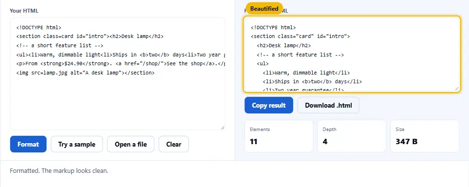 Formattatore HTML che trasforma uno snippet disordinato in markup indentato, attributi tra virgolette e liste chiuse