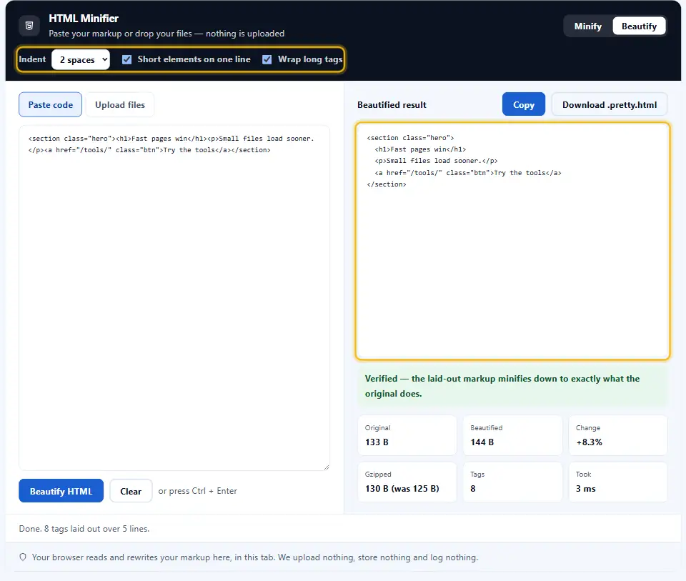 Minificador de HTML en modo embellecer, que convierte una línea compacta en marcado con sangría, con las opciones de embellecer y el resultado resaltados