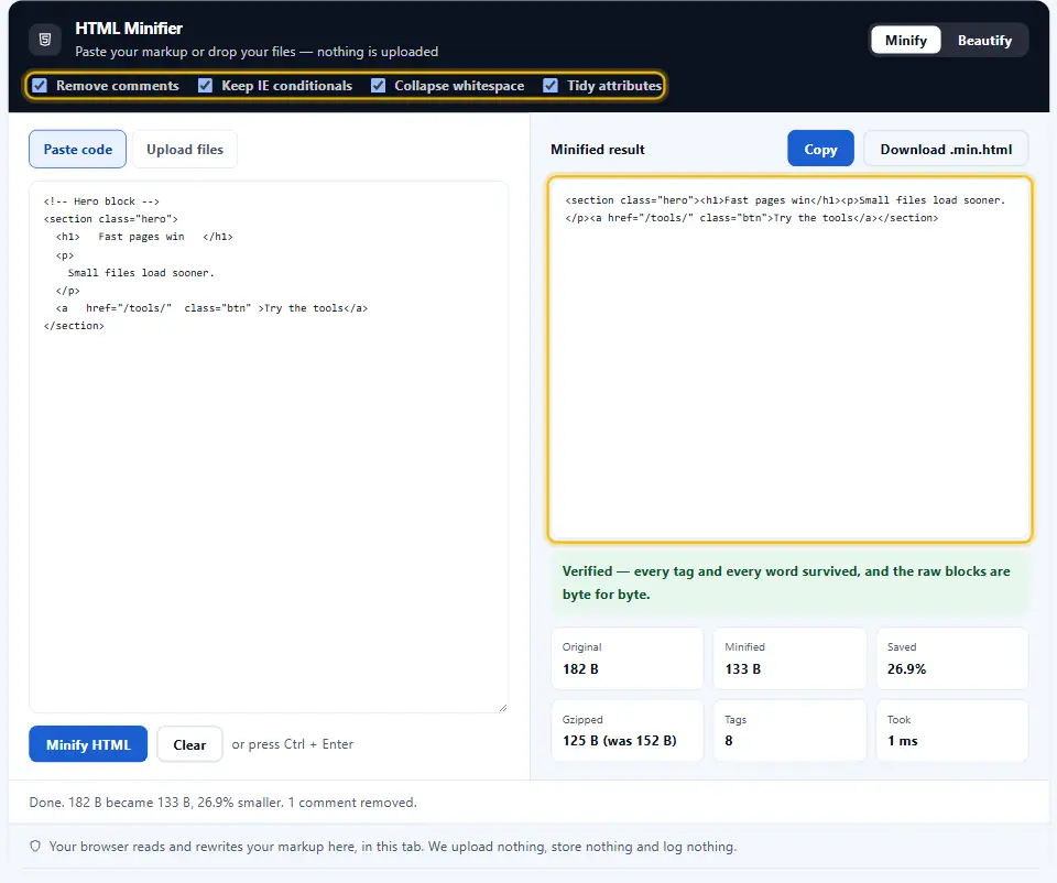Minificatore HTML con le opzioni di rimozione dei commenti e di riduzione degli spazi attive e il risultato compattato nella casella di output