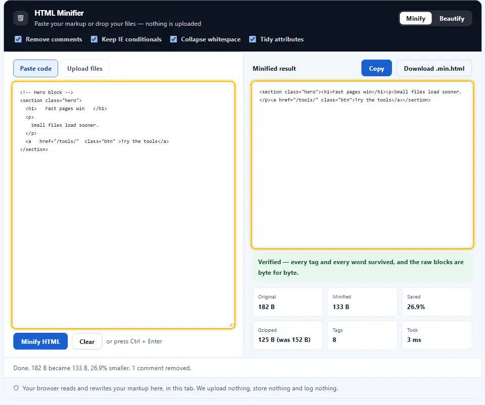 Minificador de HTML con una sección principal pegada a la izquierda y el resultado compacto en una sola línea a la derecha, con ambos cuadros resaltados
