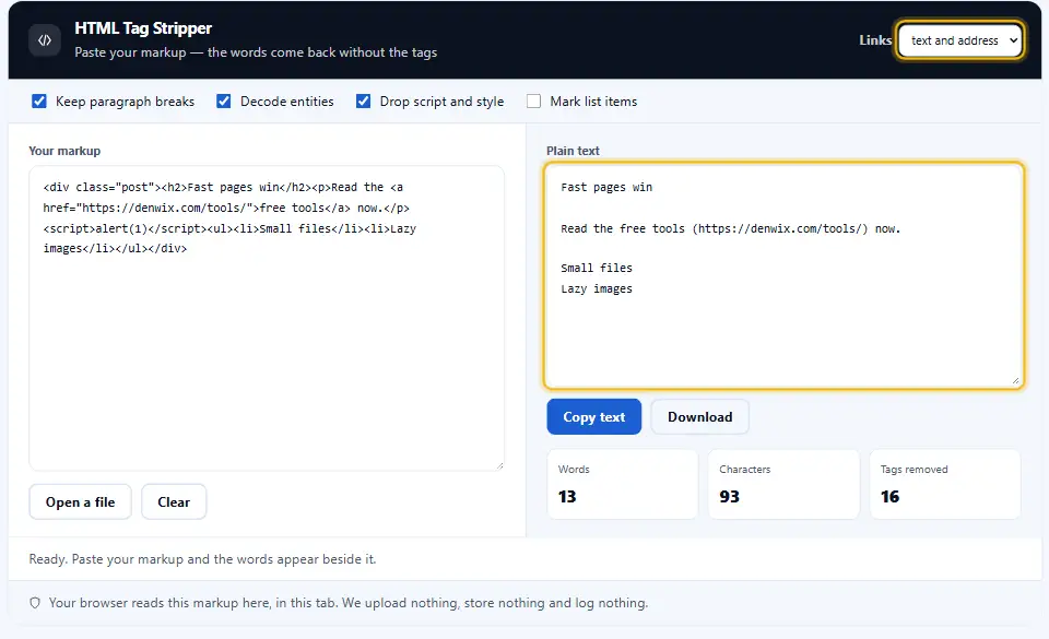 HTML tag stripper with the link menu set to keep the web address after each link text, and the result highlighted