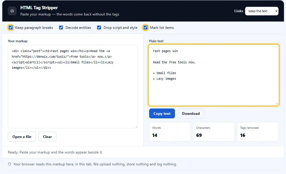 Eliminador de etiquetas HTML con saltos de línea y viñetas, que deja los elementos de lista en líneas con guiones