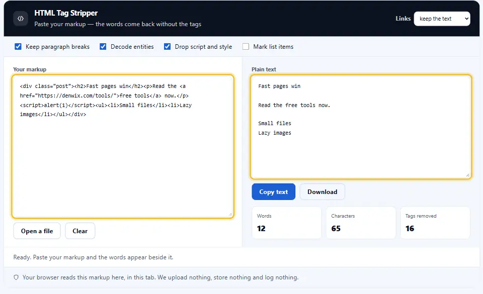 Rimozione tag HTML con un frammento di markup a sinistra e il testo semplice pulito a destra, entrambe le caselle evidenziate