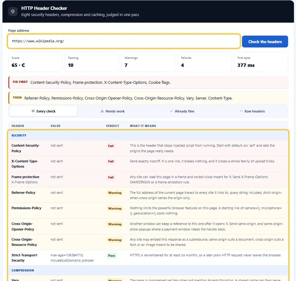 HTTP header checker after a request to a web address, with the address box and the table of response headers highlighted