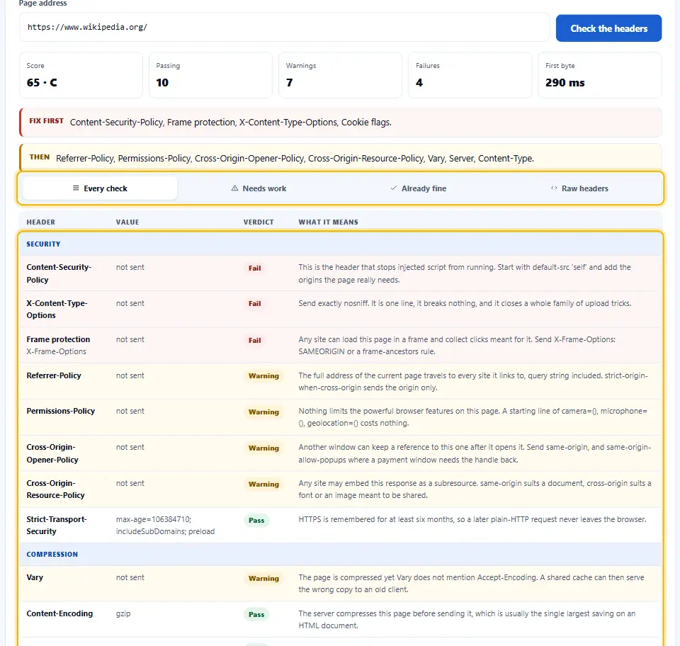 Vérificateur d’en-têtes HTTP avec le filtre pour n’afficher que les en-têtes de sécurité, de cache ou de contenu