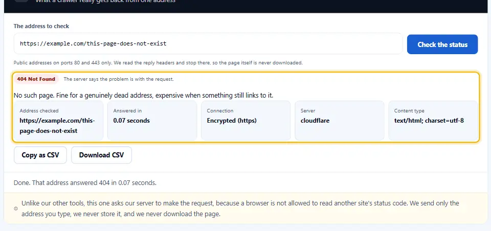 Comprobador de códigos de estado HTTP que muestra un resultado 404 no encontrado para una página que no existe, con una explicación sencilla