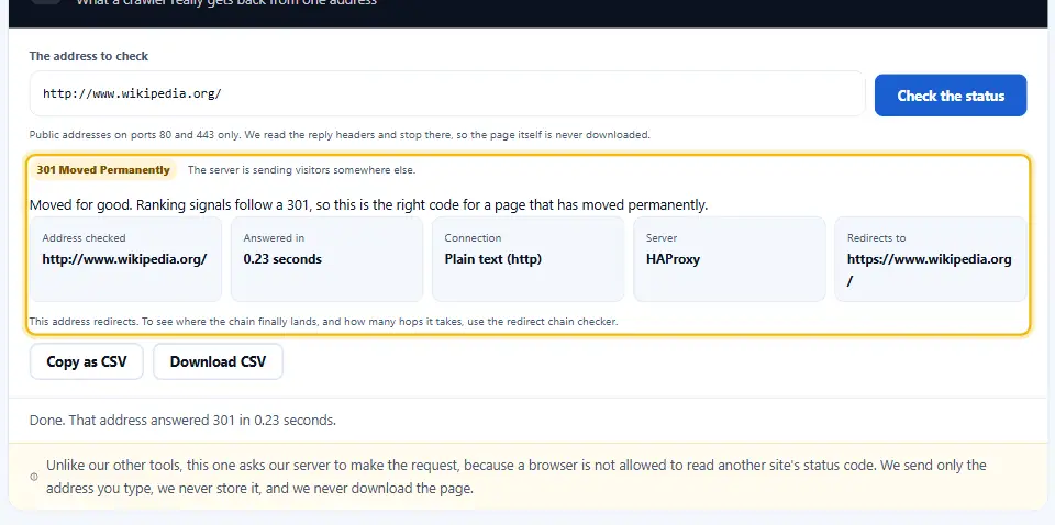 HTTP status code checker showing a redirect, with the 301 code and the final address after the move